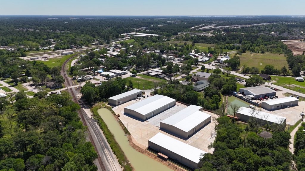 An aerial view of a commercial warehouse